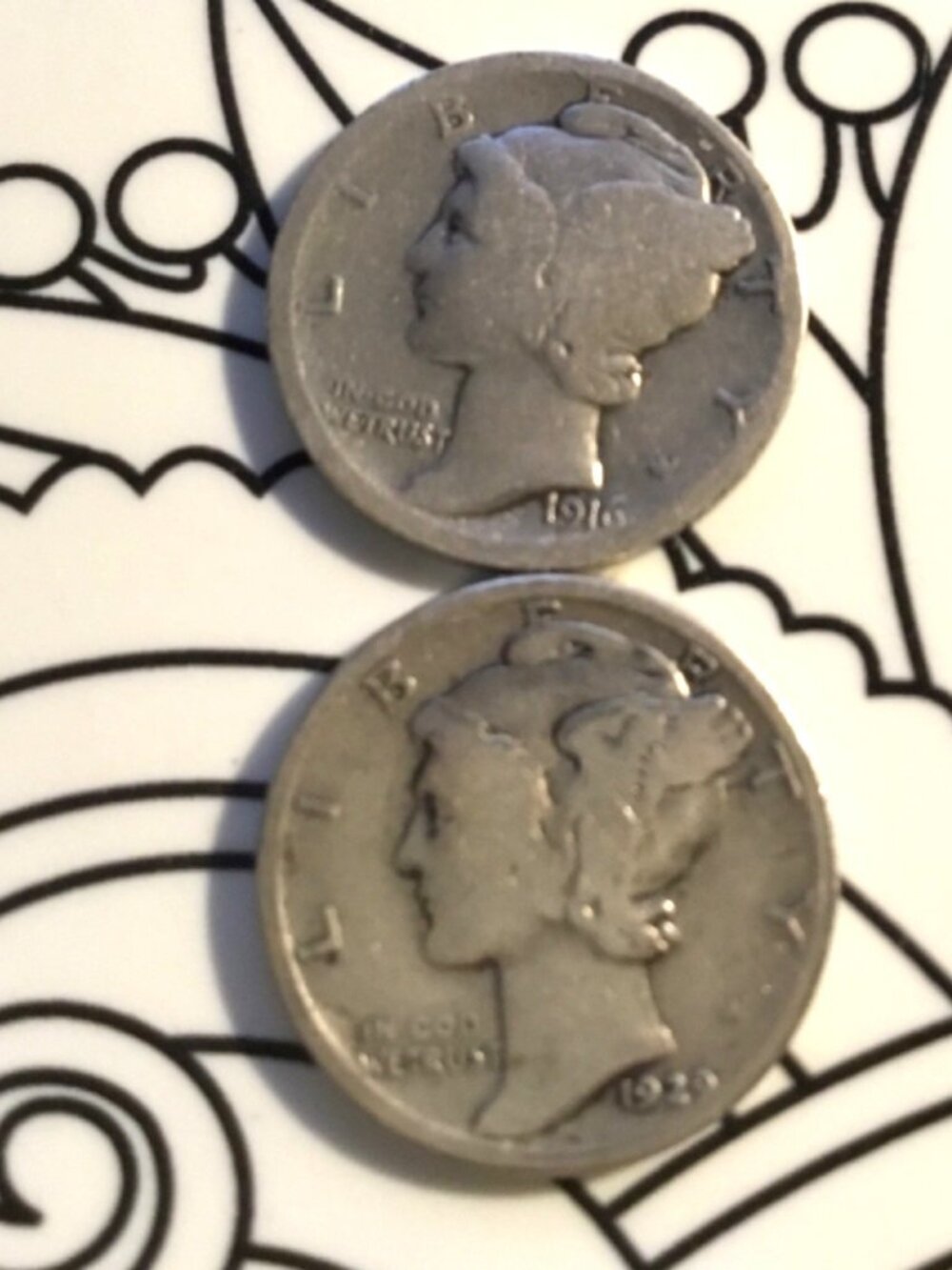 1916 + 1929 Mercury Silver Dime= 2-Coin=Circulated=Lot TWO=silver 90%